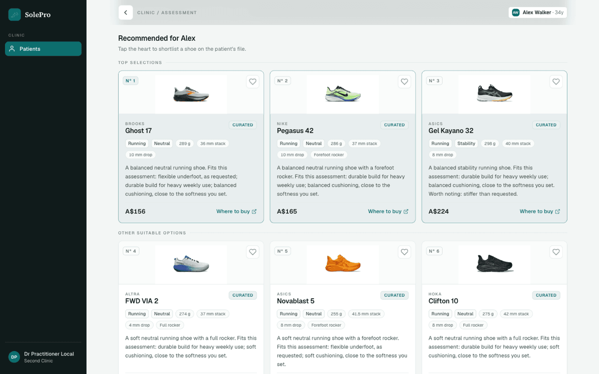 A ranked shoe shortlist in the SolePro results screen