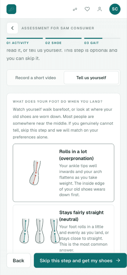The gait check with three plain choices for how your foot rolls